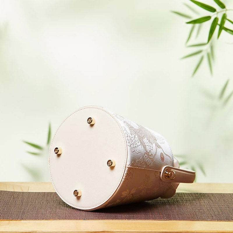 Brocade Jacquard Leather Drawstring Beige Bucket Bag Loong Pattern - SinoCultural -- P17061804-1 -