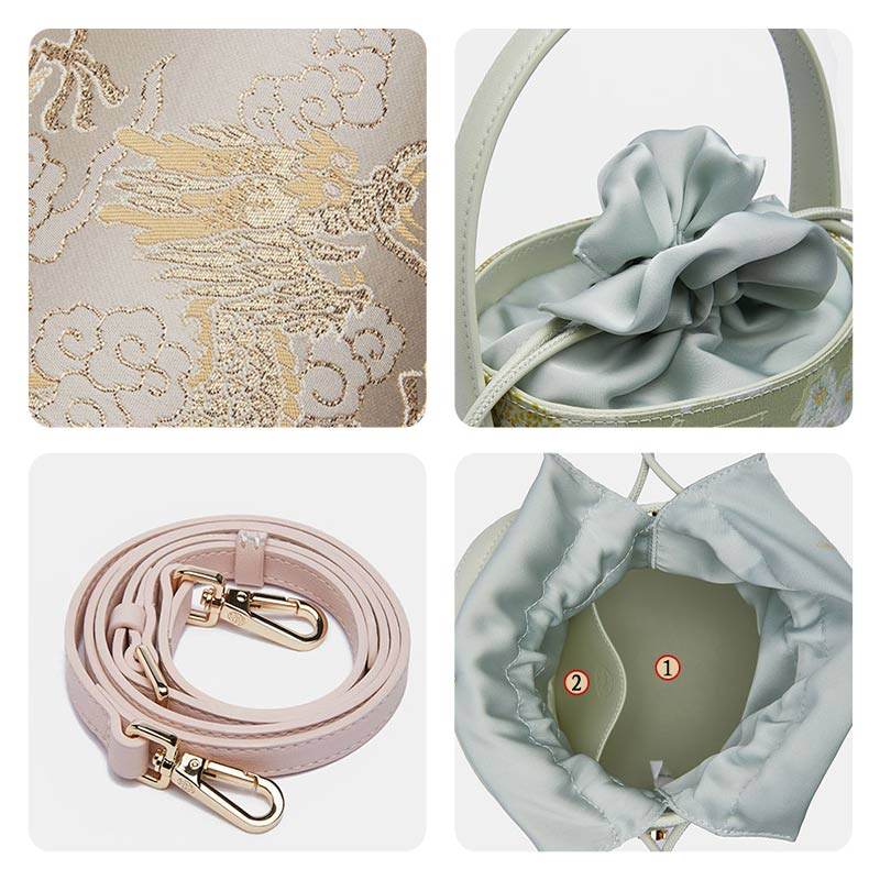 Brocade Jacquard Leather Drawstring Beige Bucket Bag Loong Pattern - SinoCultural -- P17061804-1 -