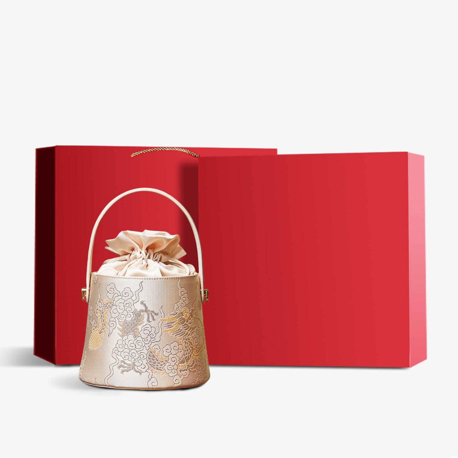 Brocade Jacquard Leather Drawstring Beige Bucket Bag Loong Pattern - SinoCultural -- P17061804-1 -