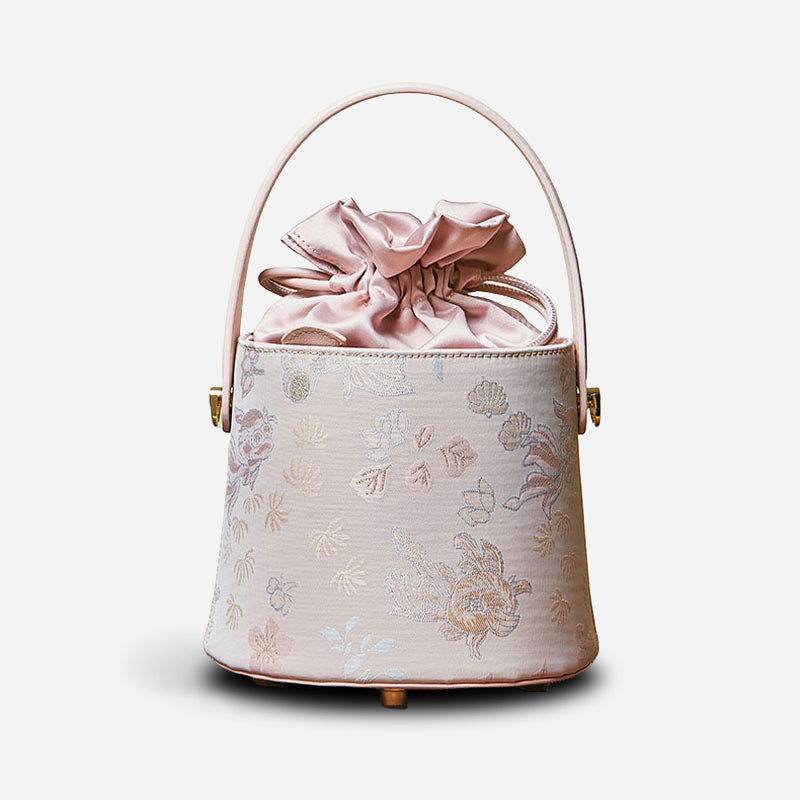 Brocade Jacquard Leather Drawstring Floral Powder Pink Bucket Bag - SinoCultural -- P17061804-1