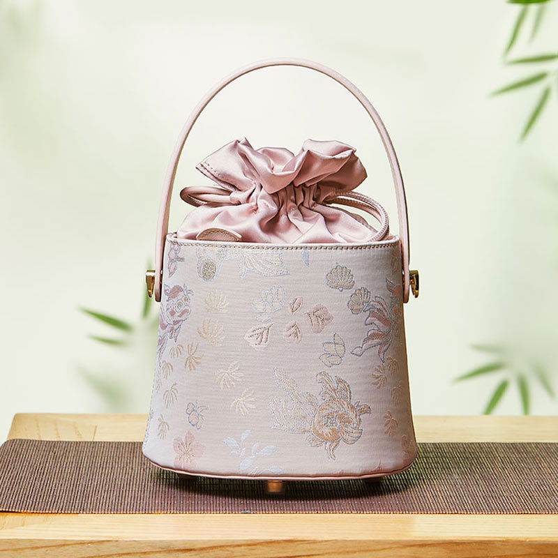 Brocade Jacquard Leather Drawstring Floral Powder Pink Bucket Bag - SinoCultural -- P17061804-1