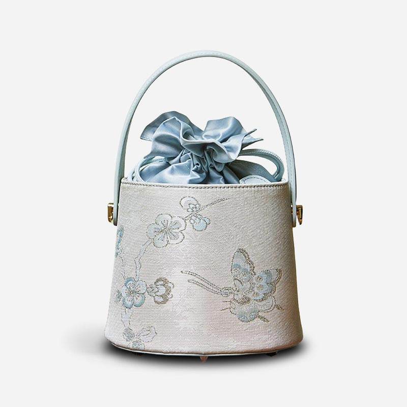 Brocade Jacquard Leather Drawstring Blue Butterfly Bucket Bag - SinoCultural -- P17061804-3