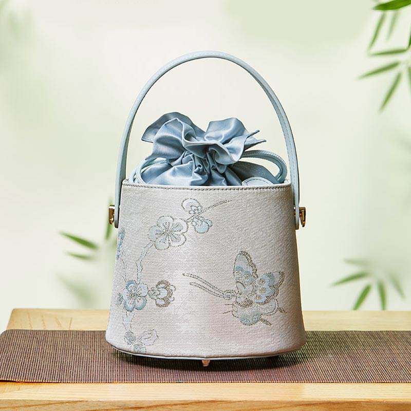 Brocade Jacquard Leather Drawstring Blue Butterfly Bucket Bag - SinoCultural -- P17061804-3