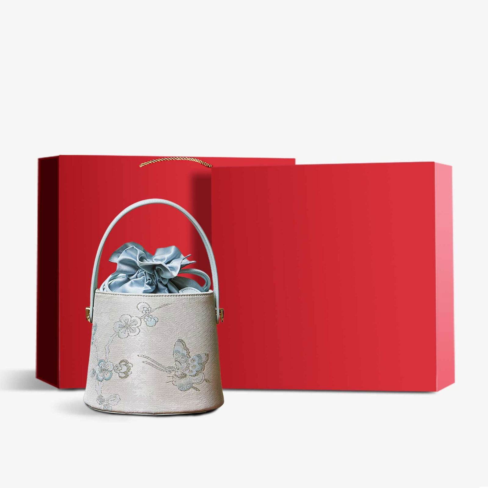 Brocade Jacquard Leather Drawstring Blue Butterfly Bucket Bag - SinoCultural -- P17061804-3