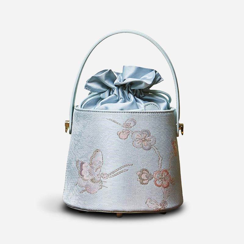 Brocade Jacquard Leather Drawstring Light Blue Butterfly Bucket Bag - SinoCultural -- P17061804-4