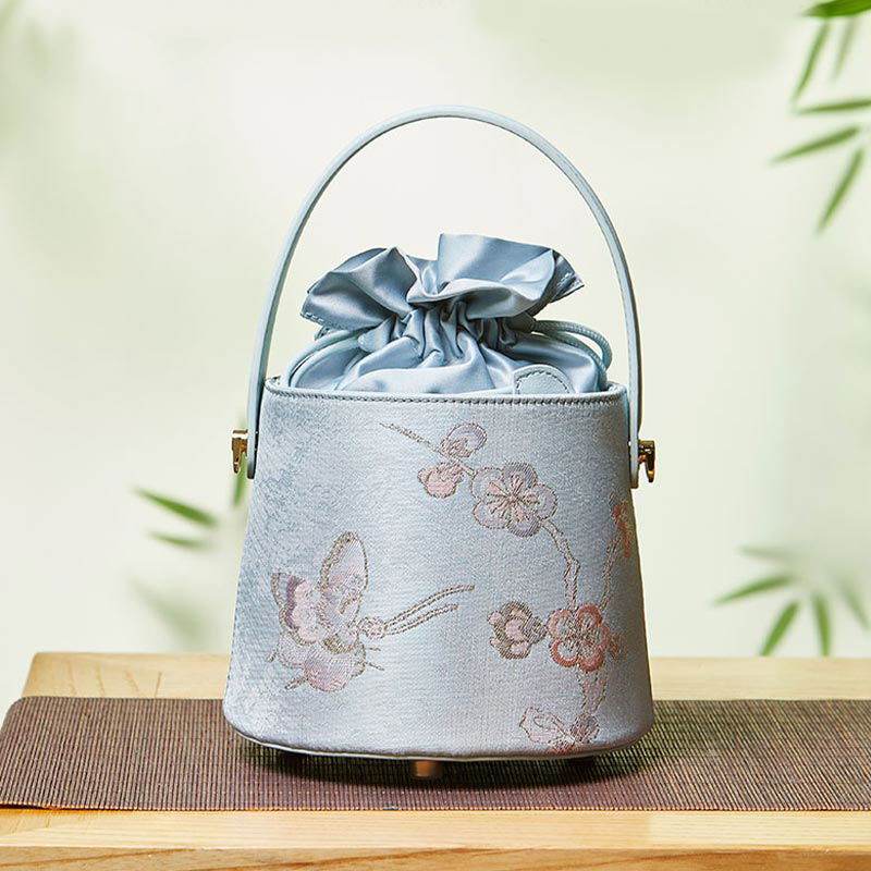 Brocade Jacquard Leather Drawstring Light Blue Butterfly Bucket Bag - SinoCultural -- P17061804-4