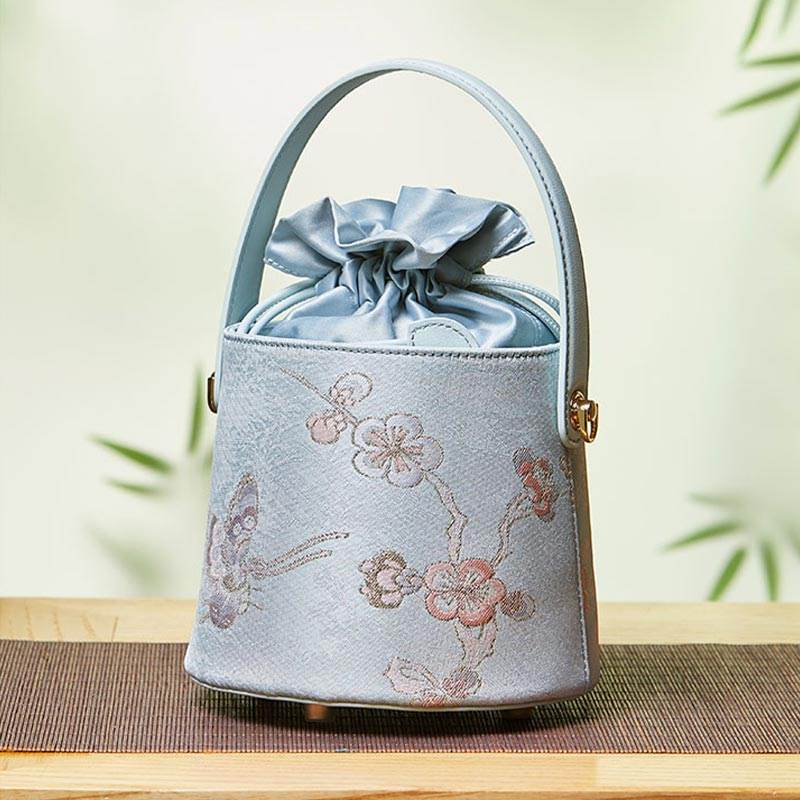 Brocade Jacquard Leather Drawstring Light Blue Butterfly Bucket Bag - SinoCultural -- P17061804-4