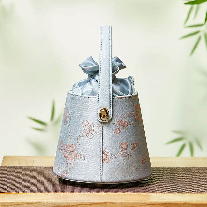 Brocade Jacquard Leather Drawstring Light Blue Butterfly Bucket Bag - SinoCultural -- P17061804-4
