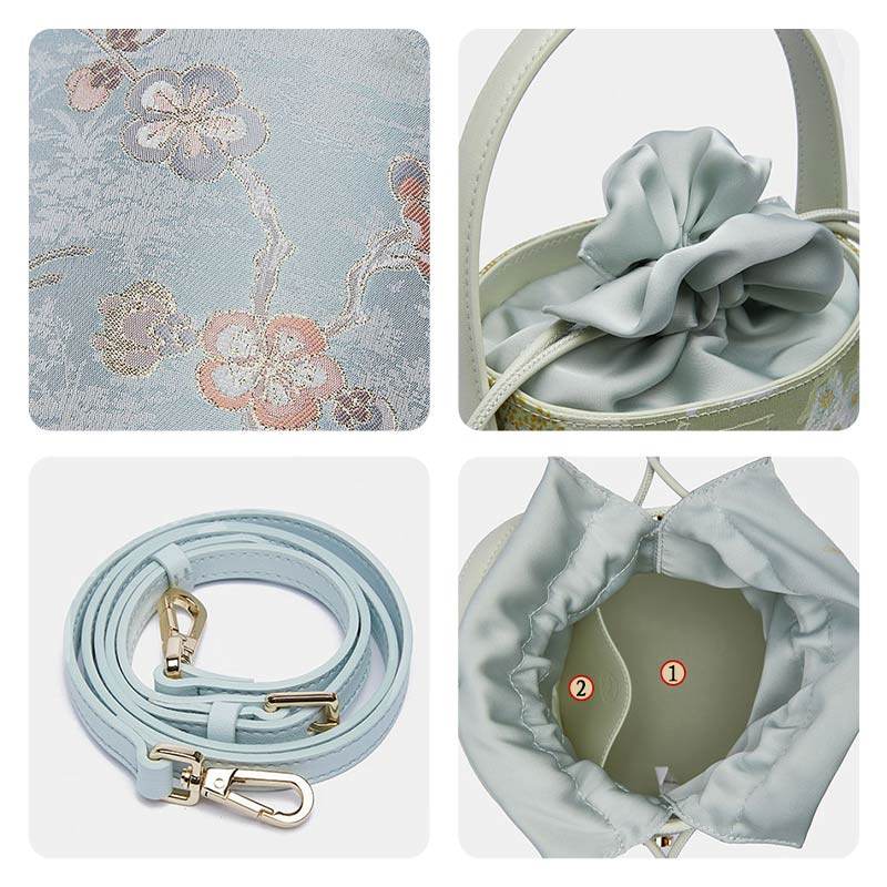 Brocade Jacquard Leather Drawstring Light Blue Butterfly Bucket Bag - SinoCultural -- P17061804-4