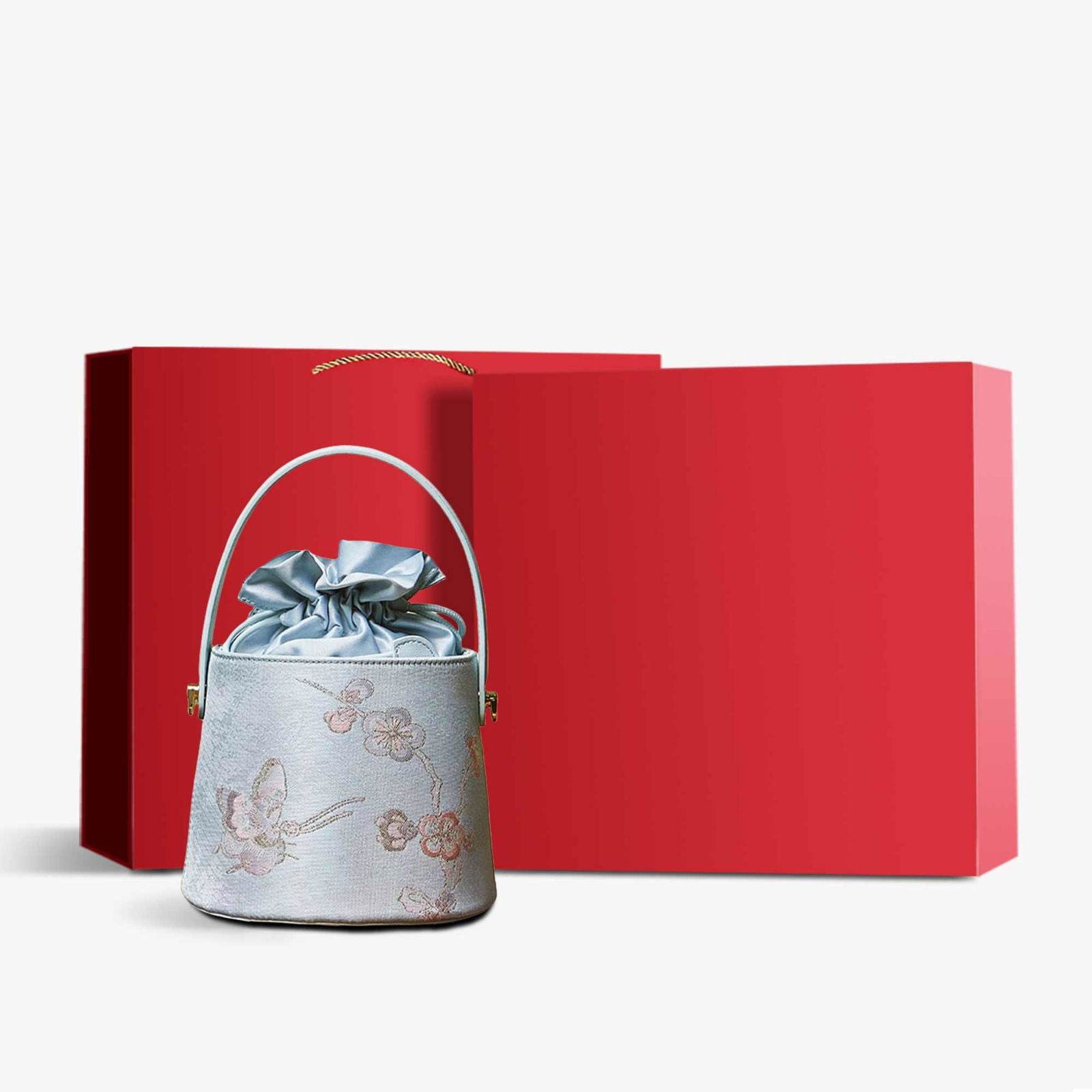 Brocade Jacquard Leather Drawstring Light Blue Butterfly Bucket Bag - SinoCultural -- P17061804-4