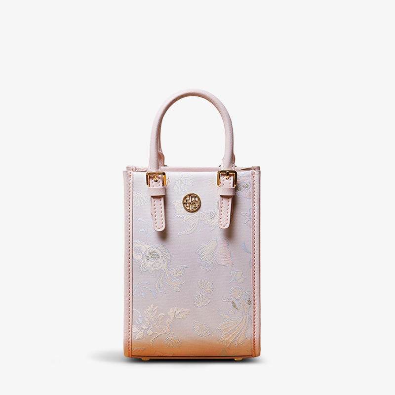 Brocade Jacquard Mulberry Silk Pink Women Floral Handbag - SinoCultural -- P12063904 -