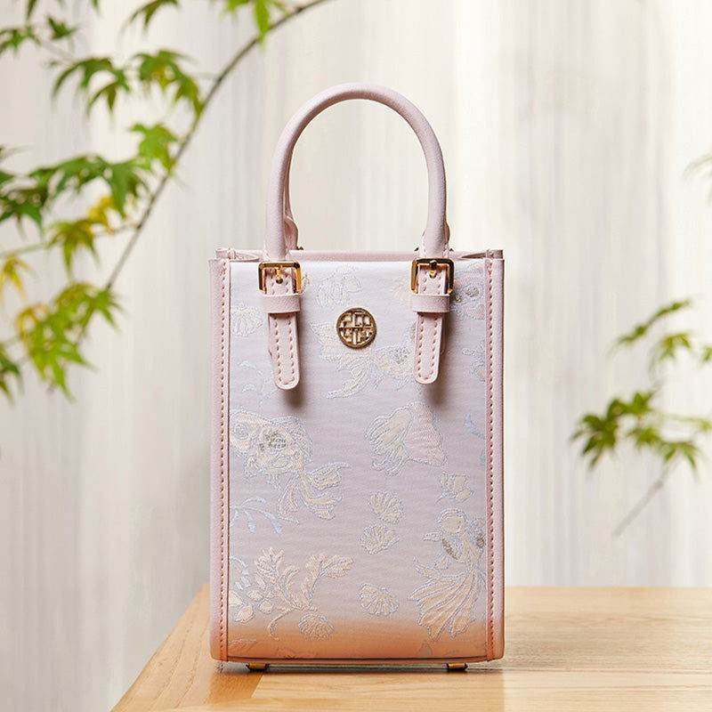 Brocade Jacquard Mulberry Silk Pink Women Floral Handbag - SinoCultural -- P12063904 -