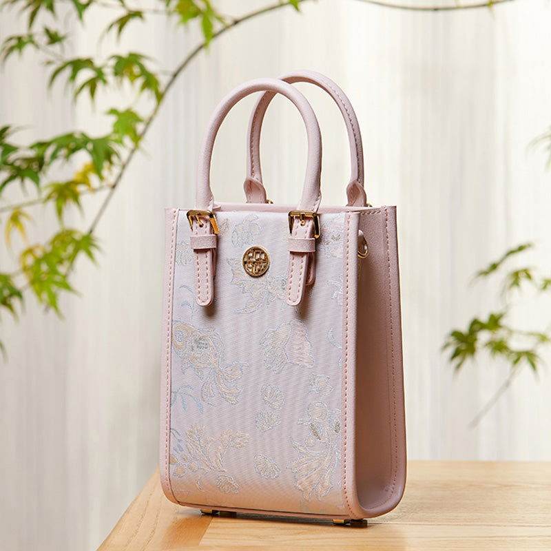 Brocade Jacquard Mulberry Silk Pink Women Floral Handbag - SinoCultural -- P12063904 -