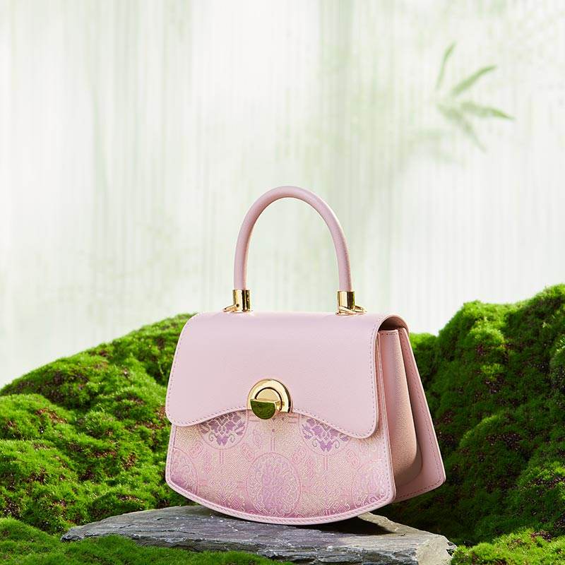 Brocade Mulberry Silk Bag Powder Pink Floral Designer Handbag - SinoCultural -- P12049004P-2 -