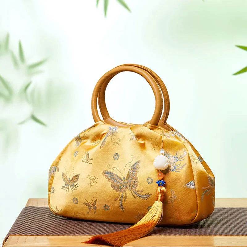 Brocade Chinese Style Bag Butterfly Women Luxury Yellow Handbag - SinoCultural -- P27061604-1 -