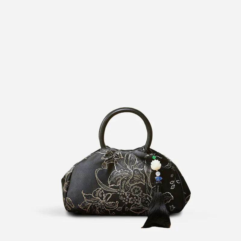 Brocade Chinese Style Bag Black Floral Handbag - SinoCultural