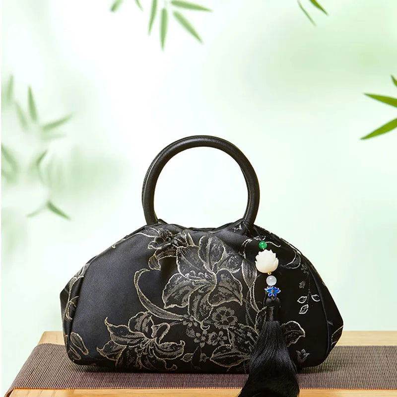 Brocade Chinese Style Bag Black Floral Handbag - SinoCultural