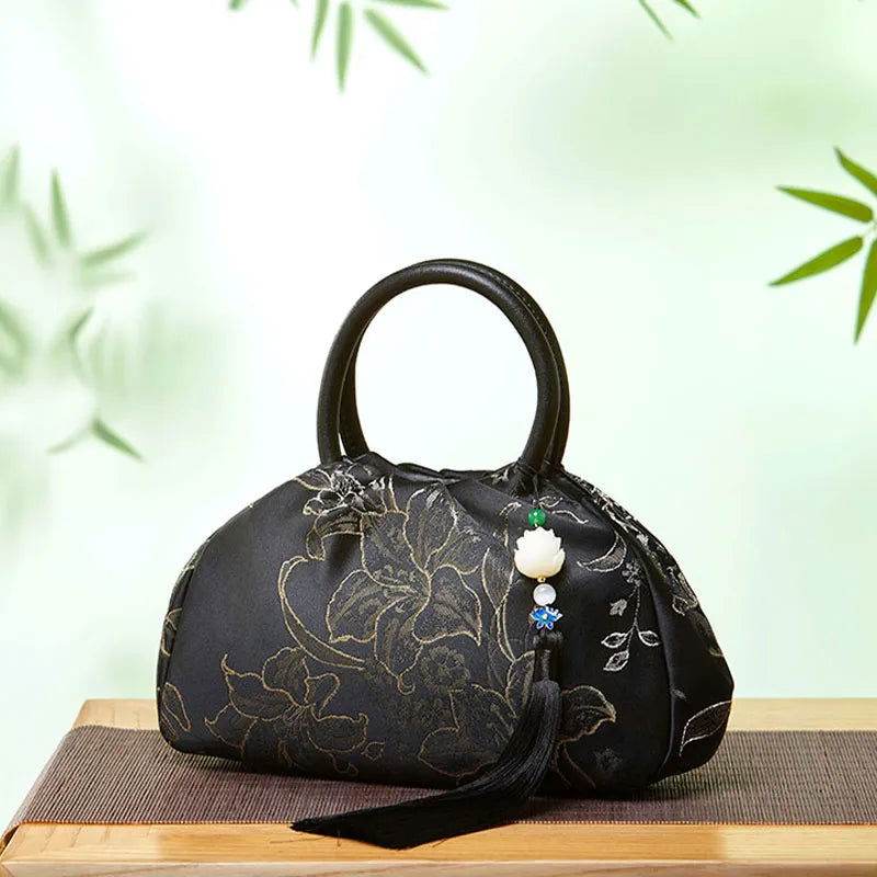 Brocade Chinese Style Bag Black Floral Handbag - SinoCultural