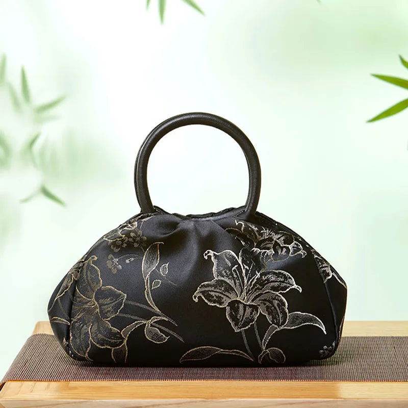Brocade Chinese Style Bag Black Floral Handbag - SinoCultural