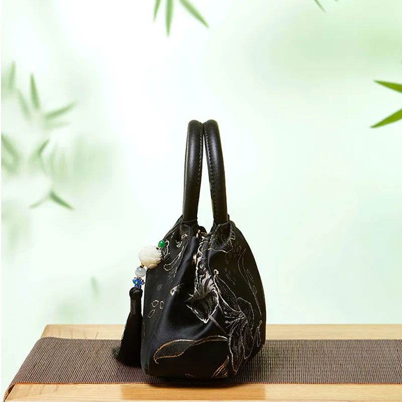 Brocade Chinese Style Bag Black Floral Handbag - SinoCultural