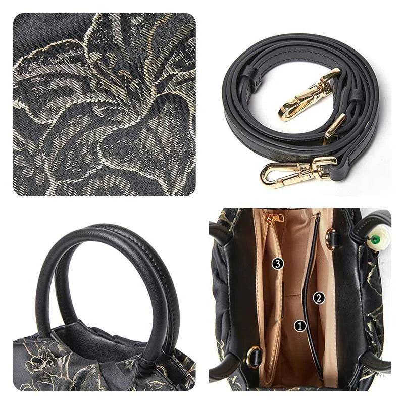Brocade Chinese Style Bag Black Floral Handbag - SinoCultural