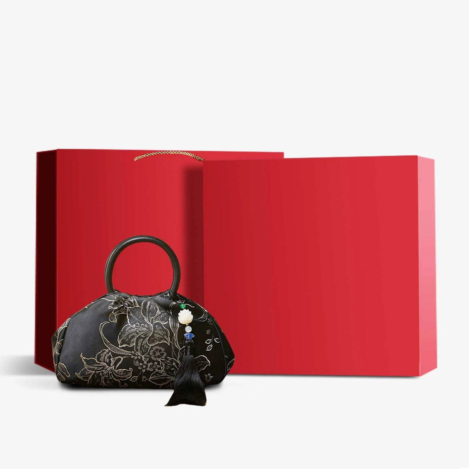 Brocade Chinese Style Bag Black Floral Handbag - SinoCultural