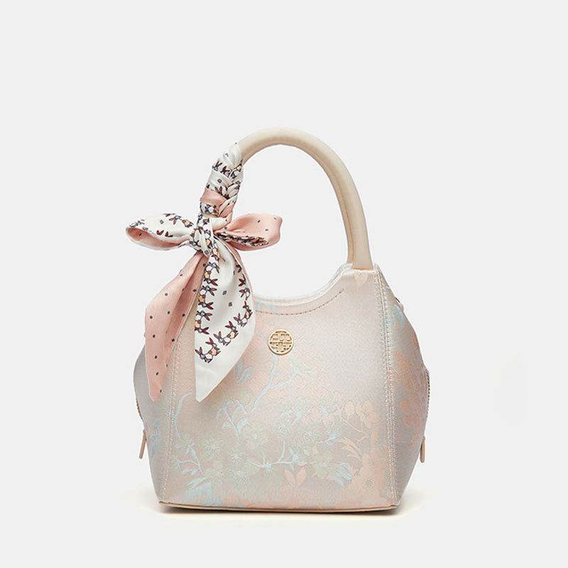 Brocade Silk Cute Pink Floral Bucket Bag Designer Handbag - SinoCultural -- P17020204