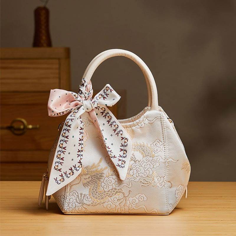 Brocade Silk Cute Pink Floral Bucket Bag Designer Handbag - SinoCultural -- P17020204