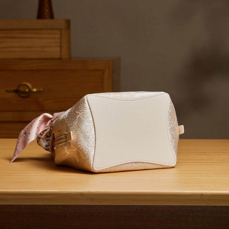 Brocade Silk Cute Pink Floral Bucket Bag Designer Handbag - SinoCultural -- P17020204