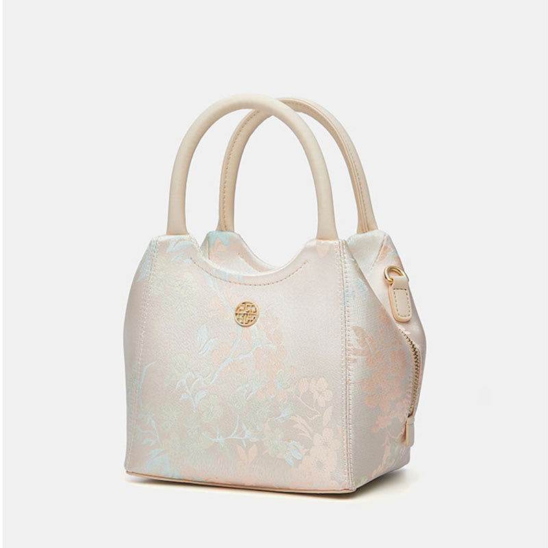 Brocade Silk Cute Pink Floral Bucket Bag Designer Handbag - SinoCultural -- P17020204