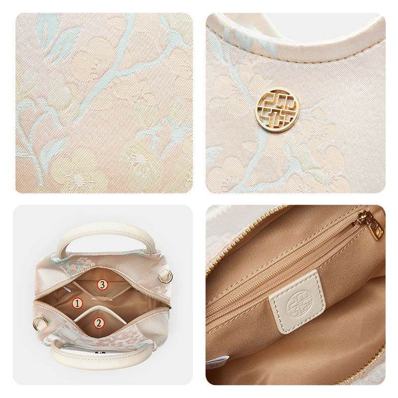 Brocade Silk Cute Pink Floral Bucket Bag Designer Handbag - SinoCultural -- P17020204