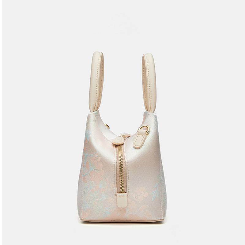 Brocade Silk Cute Pink Floral Bucket Bag Designer Handbag - SinoCultural -- P17020204