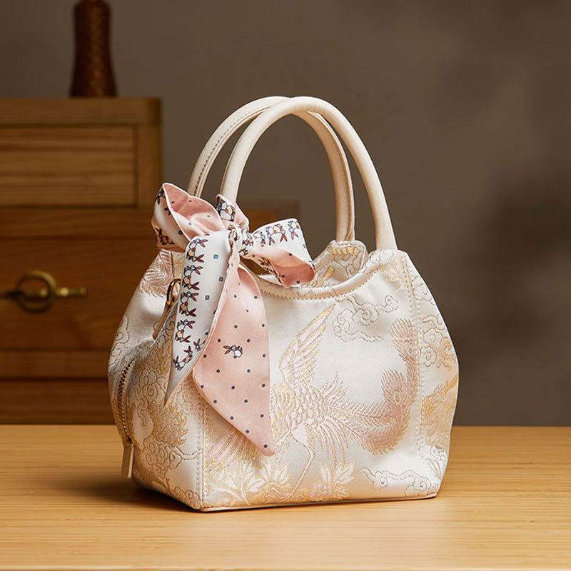 Brocade Jacquard Silk Powder Pink Phoenix Bucket Bag - SinoCultural -- P17020204-4