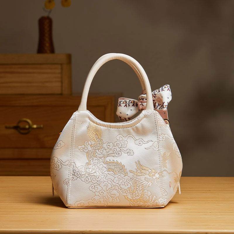 Brocade Jacquard Silk Powder Pink Phoenix Bucket Bag - SinoCultural -- P17020204-4