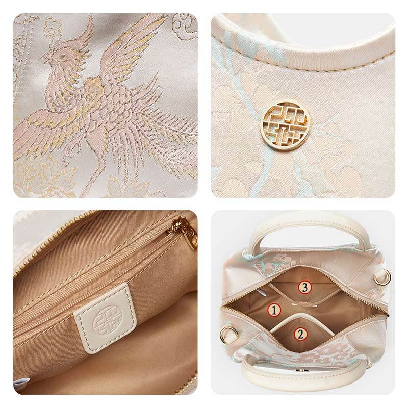 Brocade Jacquard Silk Powder Pink Phoenix Bucket Bag - SinoCultural -- P17020204-4