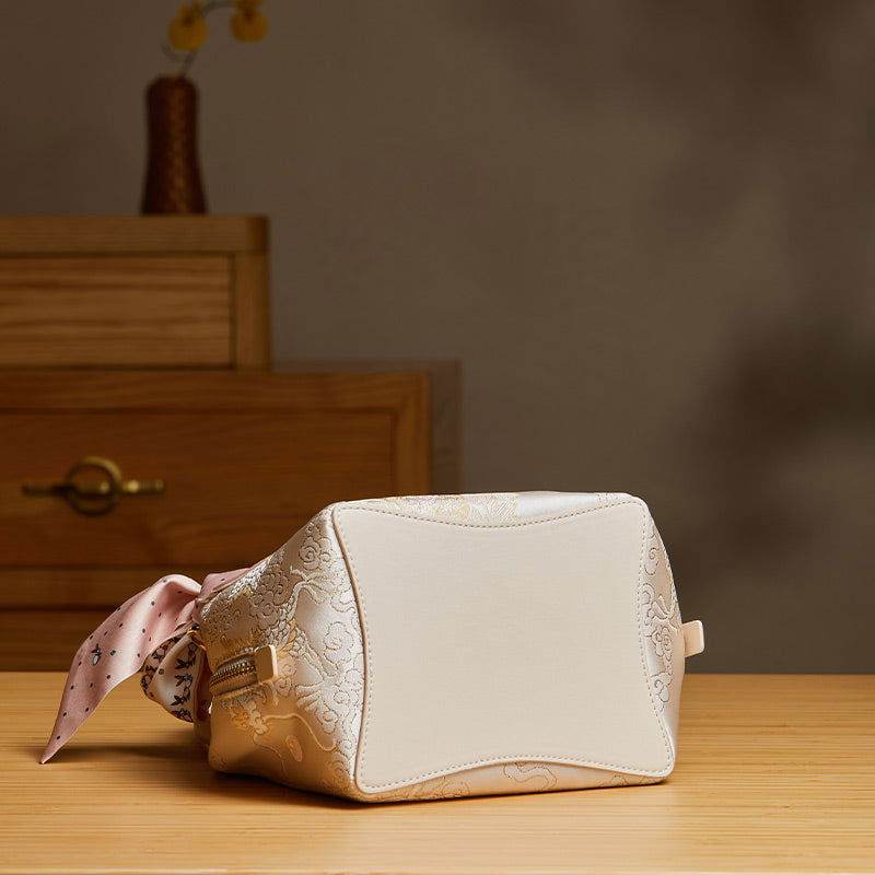 Brocade Jacquard Silk Powder Pink Phoenix Bucket Bag - SinoCultural -- P17020204-4