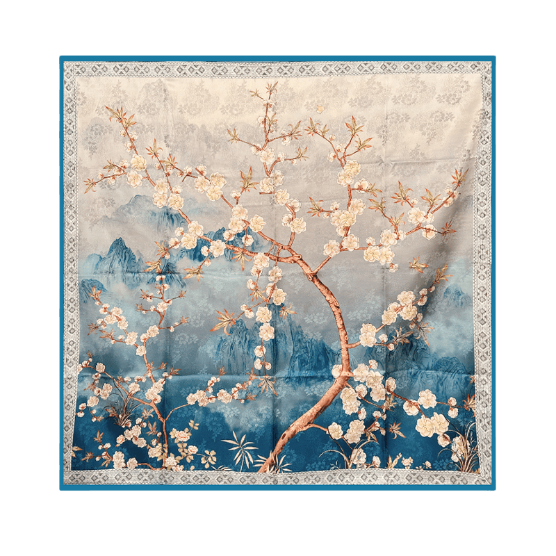 Mulberry Silk 14 Momme Square Scarf Plum Blossom 108x108 cm - SinoCultural -- CXFJ002
