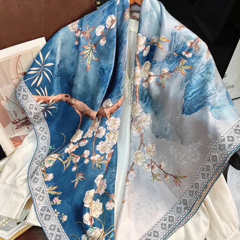 Mulberry Silk 14 Momme Square Scarf Plum Blossom 108x108 cm - SinoCultural -- CXFJ002