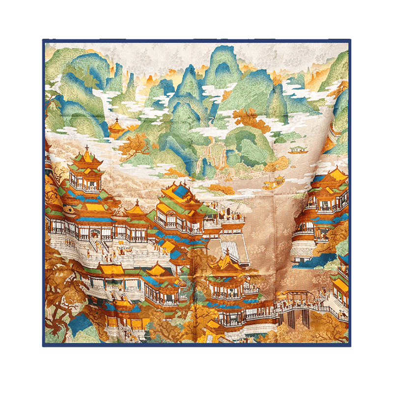 Mulberry Silk 14 Momme Square Scarf Cloud Pavilion 108x108 cm - SinoCultural -- CXFJ014 -