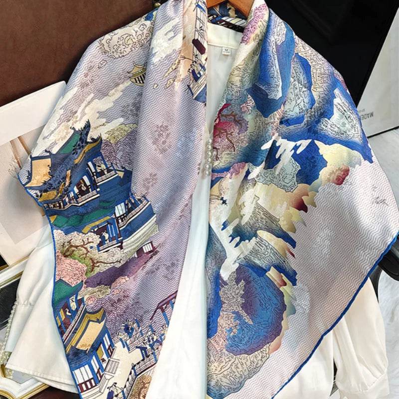 Mulberry Silk 14 Momme Square Scarf Cloud Pavilion 108x108 cm - SinoCultural -- CXFJ014