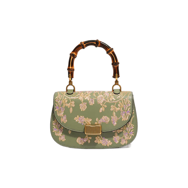 Handcrafted Embroidery Leather Green Handbag Camellia Bamboo Handle - SinoCultural -- CXXB043G
