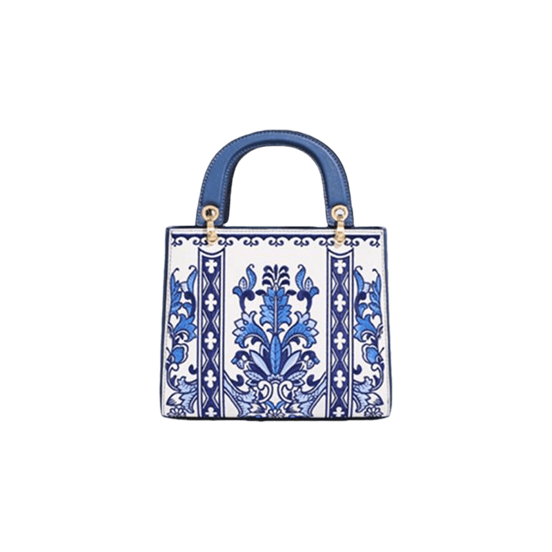 Handcrafted Embroidery Leather Handbag Blue and White Porcelain - SinoCultural -- CXXB048B