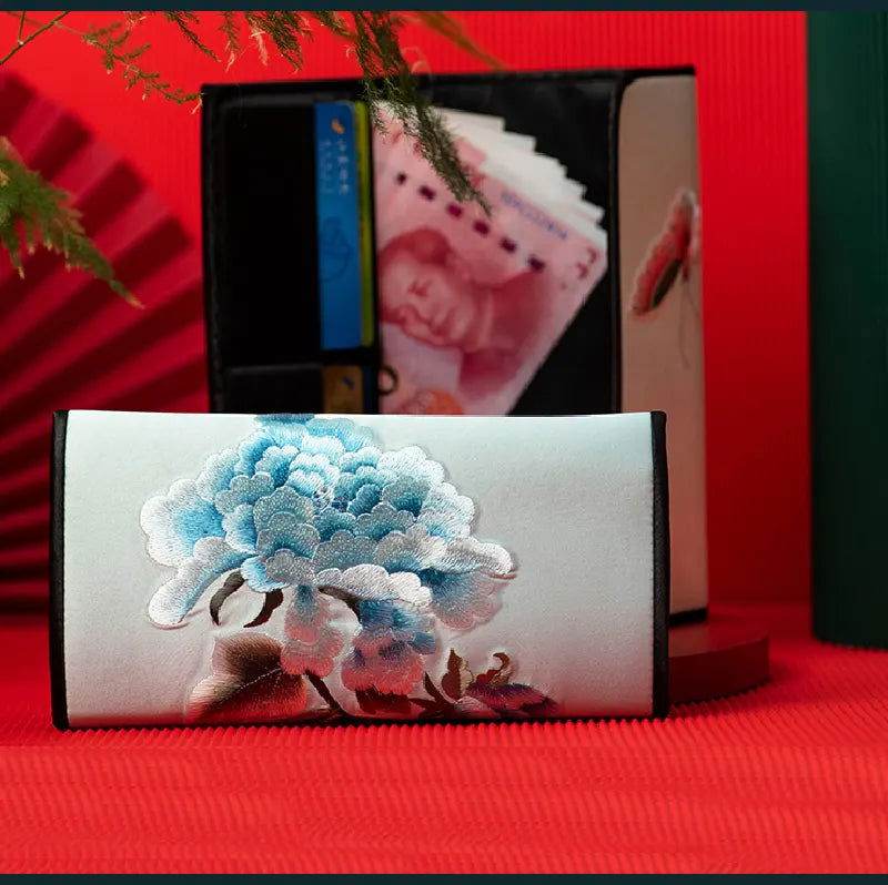 Chinese Handcraft Embroidery Floral Slim Handheld Wallet - SinoCultural -- PWCD198-1