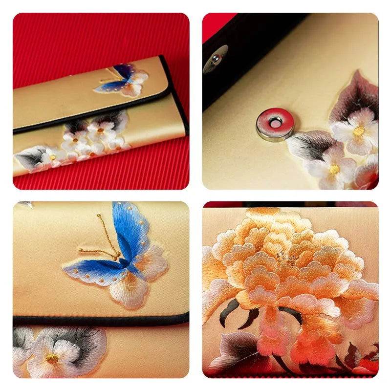 Chinese Handcraft Embroidery Floral Slim Handheld Wallet - SinoCultural -- PWCD198-1