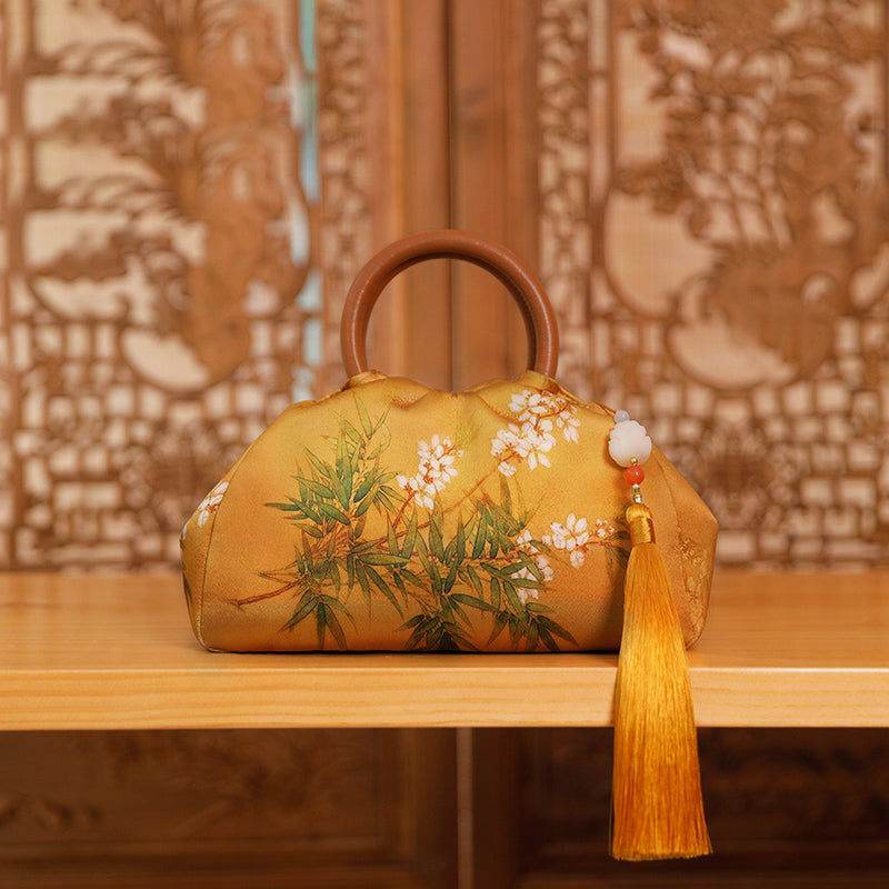 Mulberry Silk Chinese Style Yellow Bamboo Handbag - SinoCultural -- P220291-2