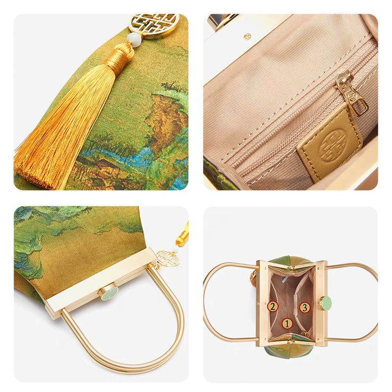 Chinese Painting Mulberry Silk Lux Kiss Lock Clutch Handbag - SinoCultural -- P170076