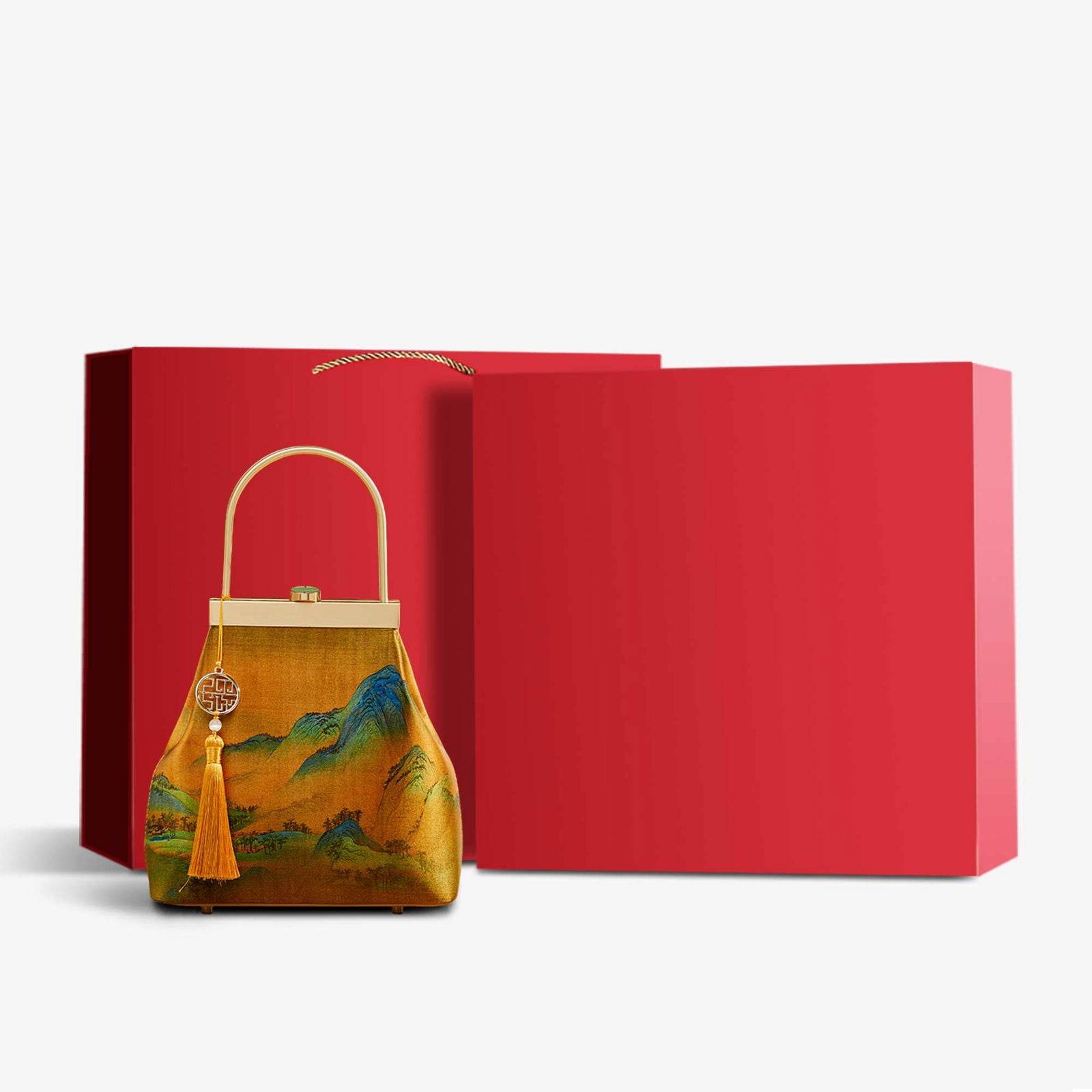 Chinese Painting Mulberry Silk Lux Kiss Lock Clutch Handbag - SinoCultural -- P170076
