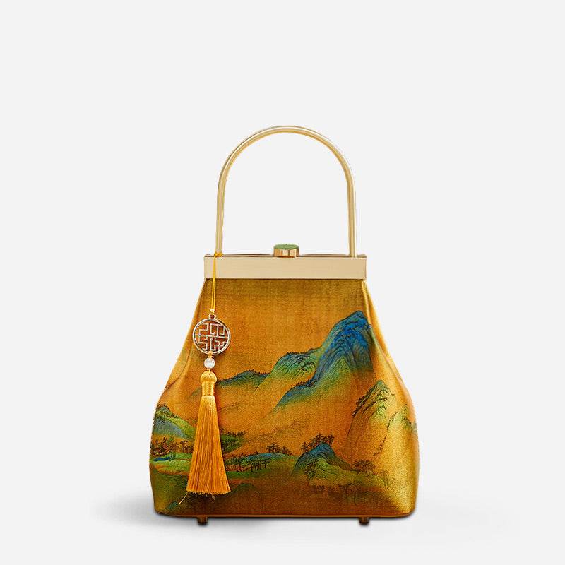 Chinese Painting Mulberry Silk Lux Kiss Lock Clutch Handbag - SinoCultural -- P170076