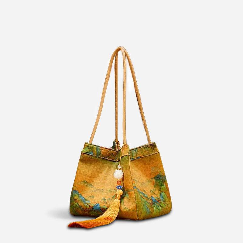 Chinese Painting Mulberry Silk Bucket Bag Vintage Handbag - SinoCultural -- P17062005-2