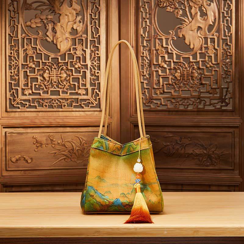 Chinese Painting Mulberry Silk Bucket Bag Vintage Handbag - SinoCultural -- P17062005-2